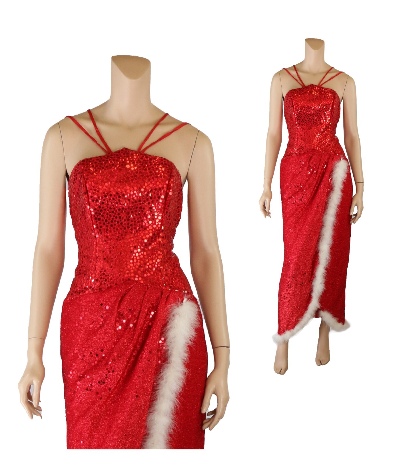 Flirtations Vintage 80s 90s Red Sequin White Feather Holiday Party Prom Dress 10