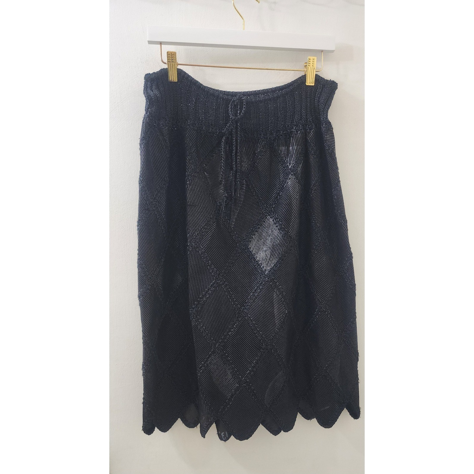 Vintage Black Diamond Knit 2 Piece Set Batwing Top Scalloped Midi Skirt L XL