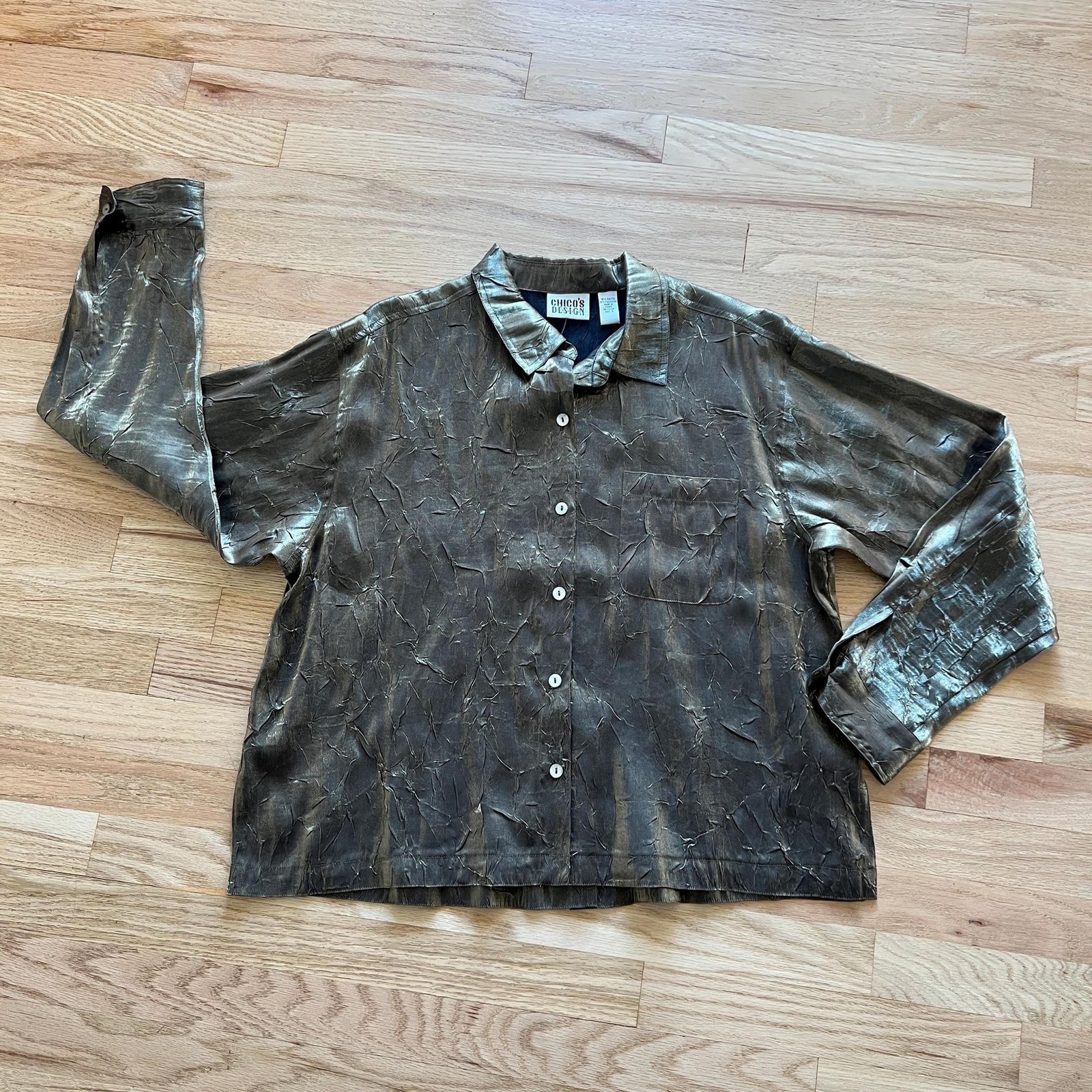 vintage chicos gold crinkle blouse rayon blend size 2 Large