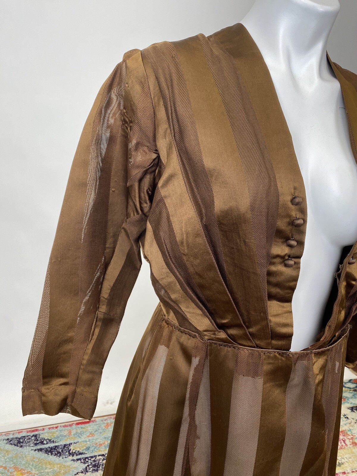 Brown Silk Net Striped Antique Victorian Walking Dress Edwardian 1900s AS IS