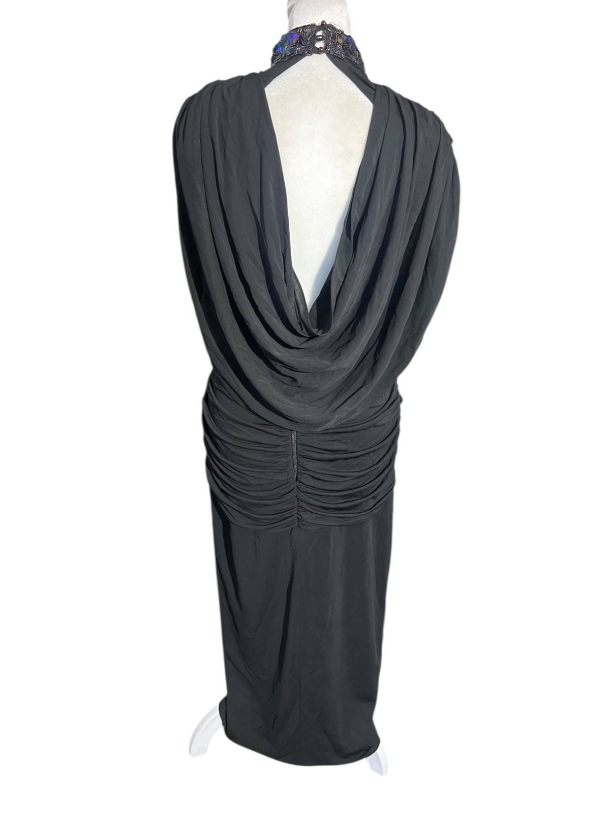 Vtg Casadei Black Beaded Runched Dress Plunging Neckline Sz 8