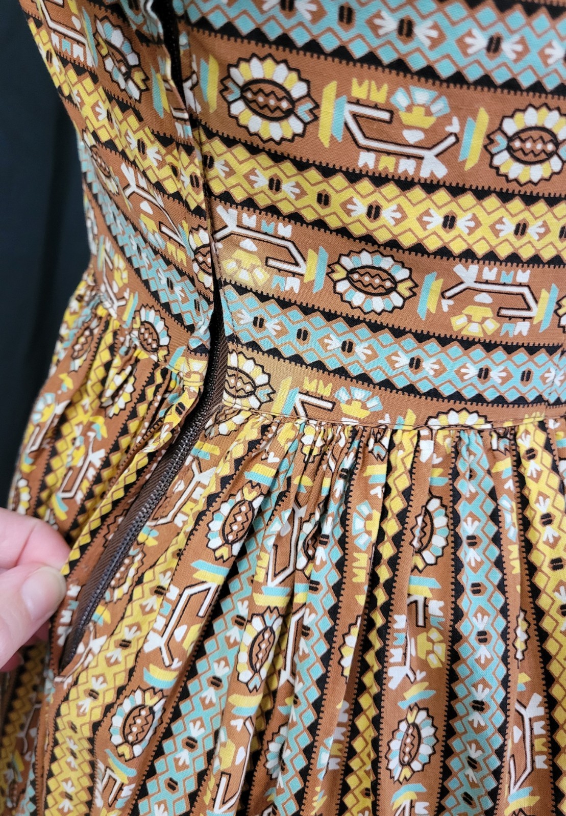 Vintage Dirndl Dress w Blouse in Brown/Yellow/Blue Pattern Size Small?