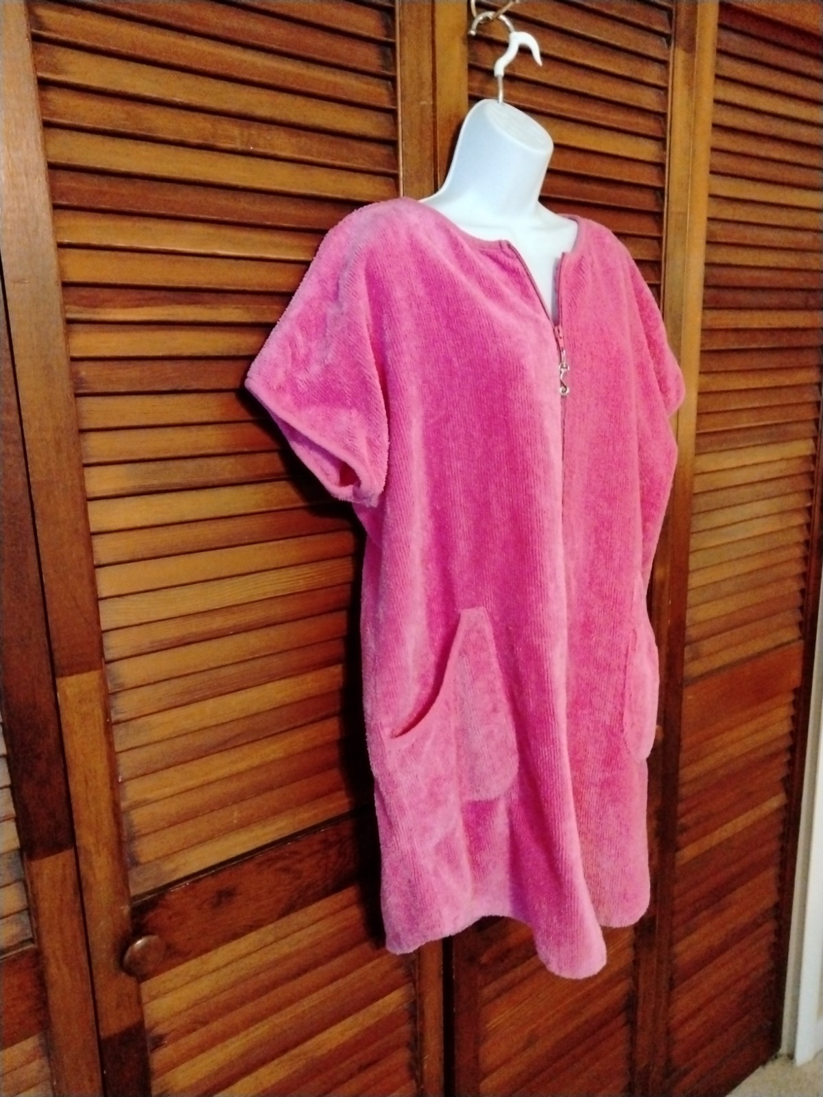 Stan Herman Pink Chenille Zip Front Robe Short With Pockets Size M/L