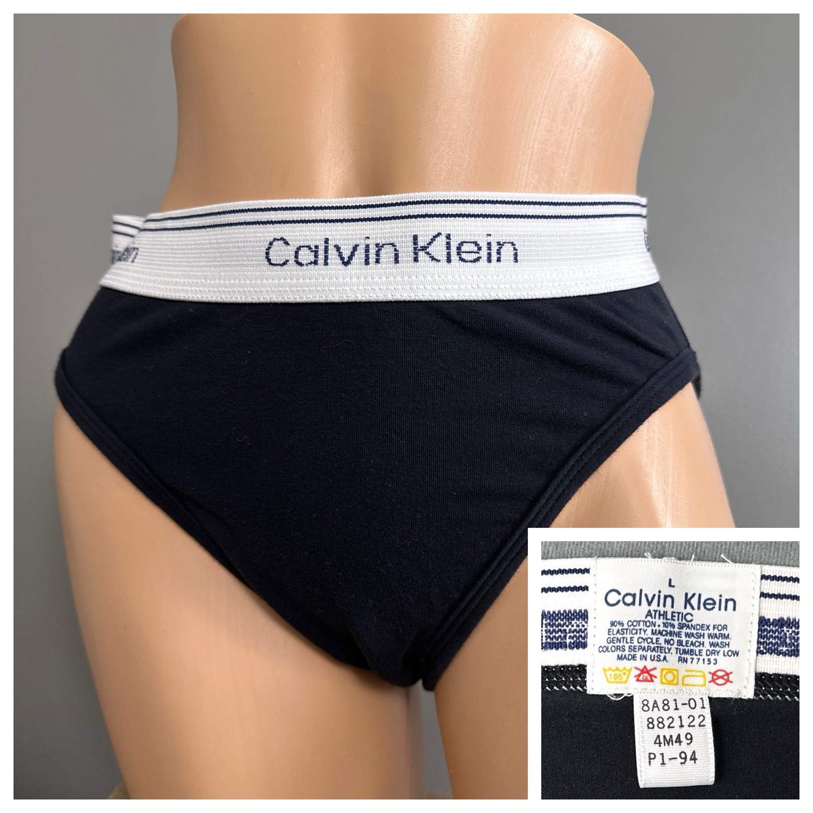 Vintage 1994 Calvin Klein Athletic Black High Cut Briefs USA Logo Waist Large