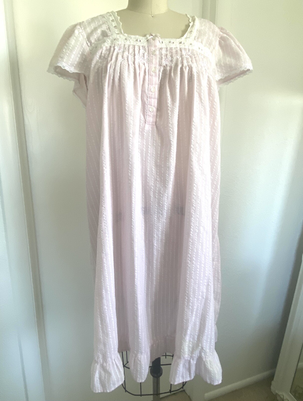 Miss Elaine Nightgown Size XL Extra Large Pink Striped Seersucker Vintage
