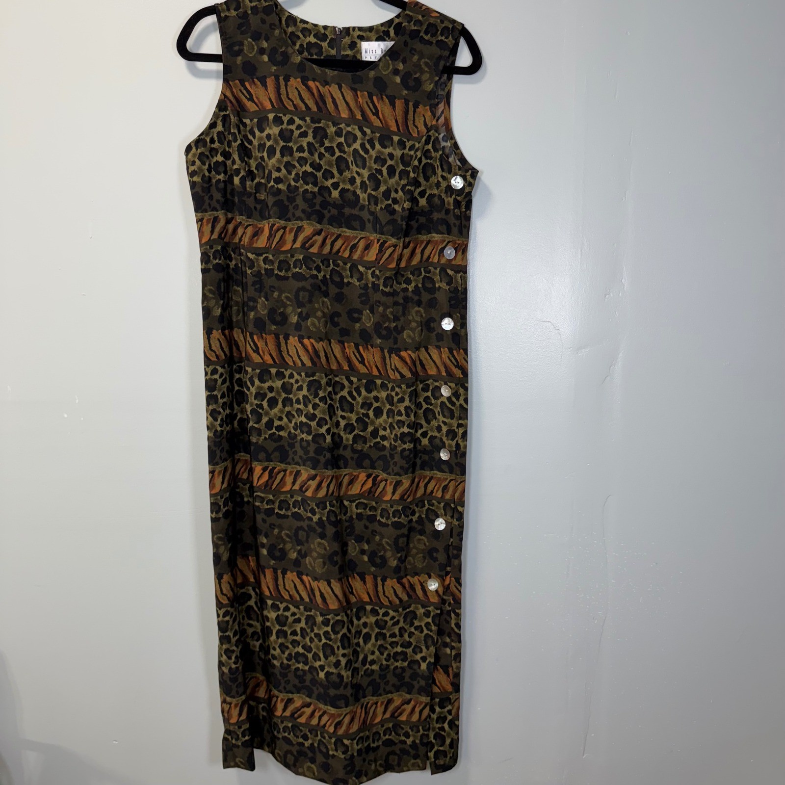 Vintage Miss Dorby Petites Animal Print Maxi Dress Leopard Tiger Side Button 12P