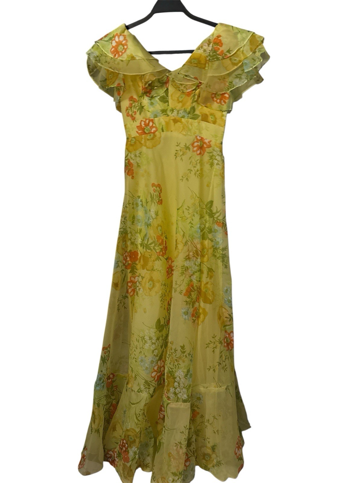 Vintage 70’s Bridesmaid Dress Sunny Yellow Floral Chiffon Floor Length 26” Waist