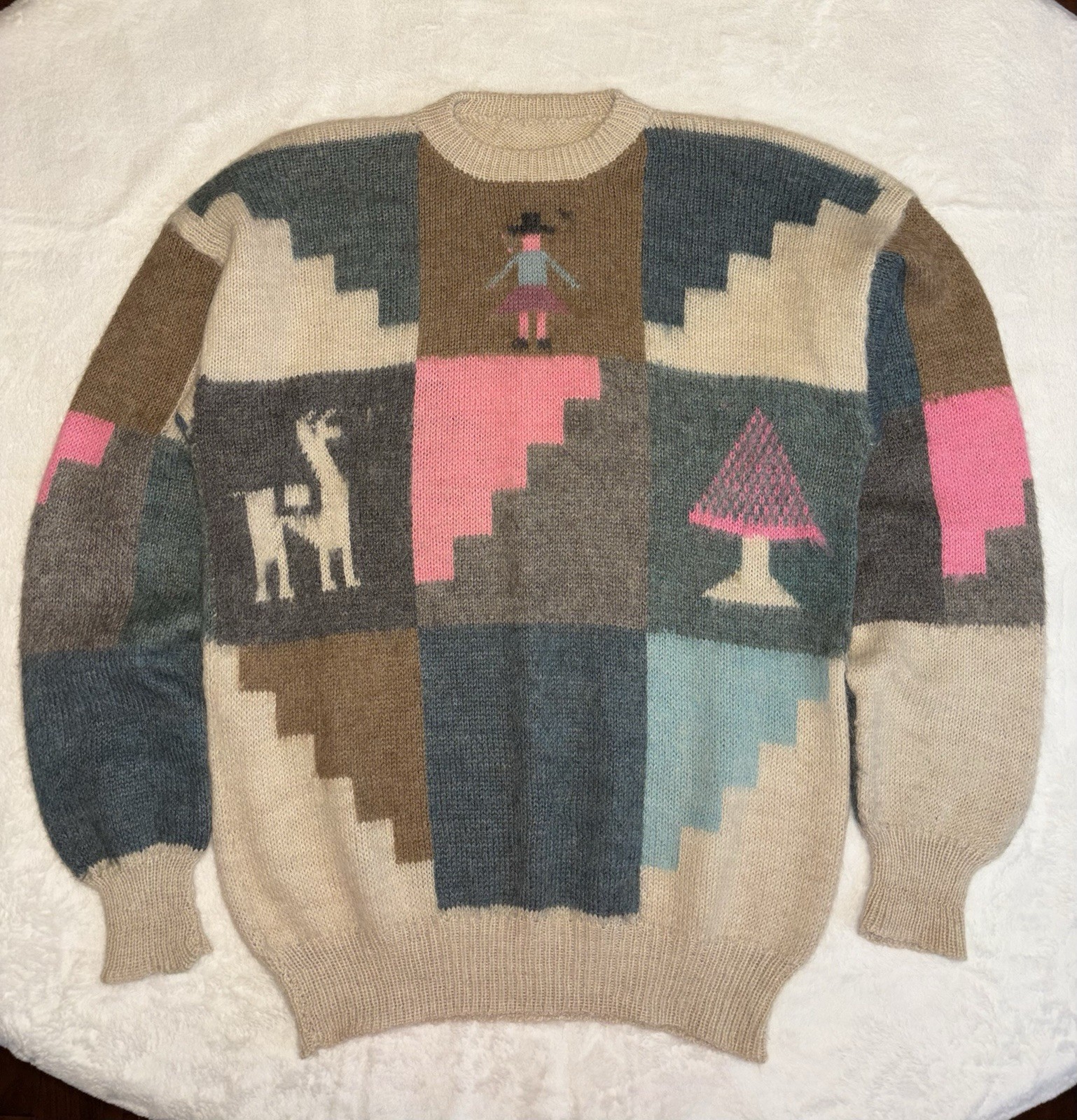 Vintage Handmade Colorful Wool Sweater Andean Pattern Llama Crew Neck Size XL