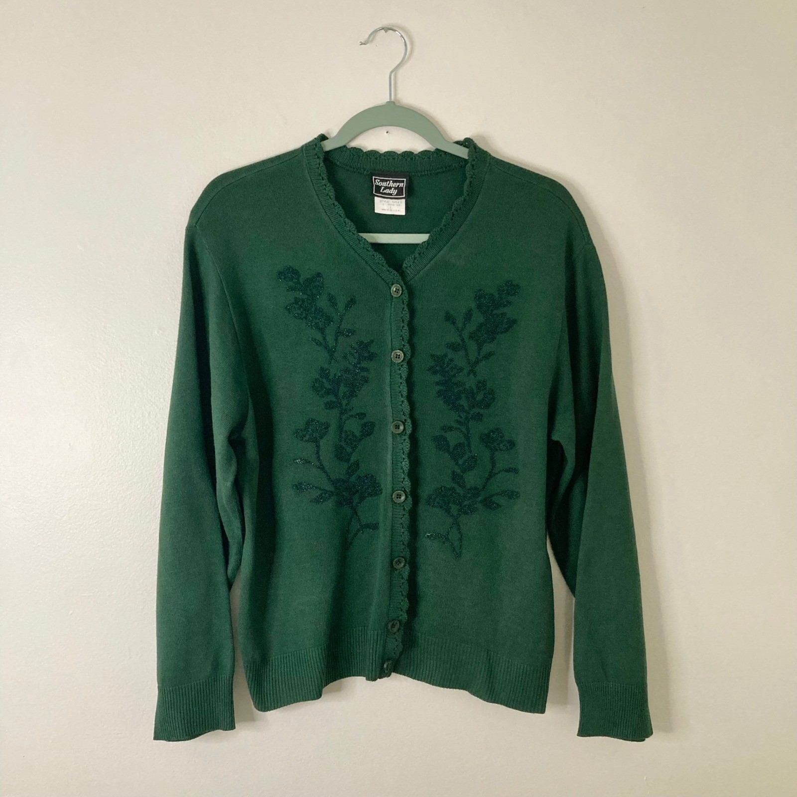 Southern Lady Vintage Beaded Floral Cardigan Green L Grandmacore 90s Sweater