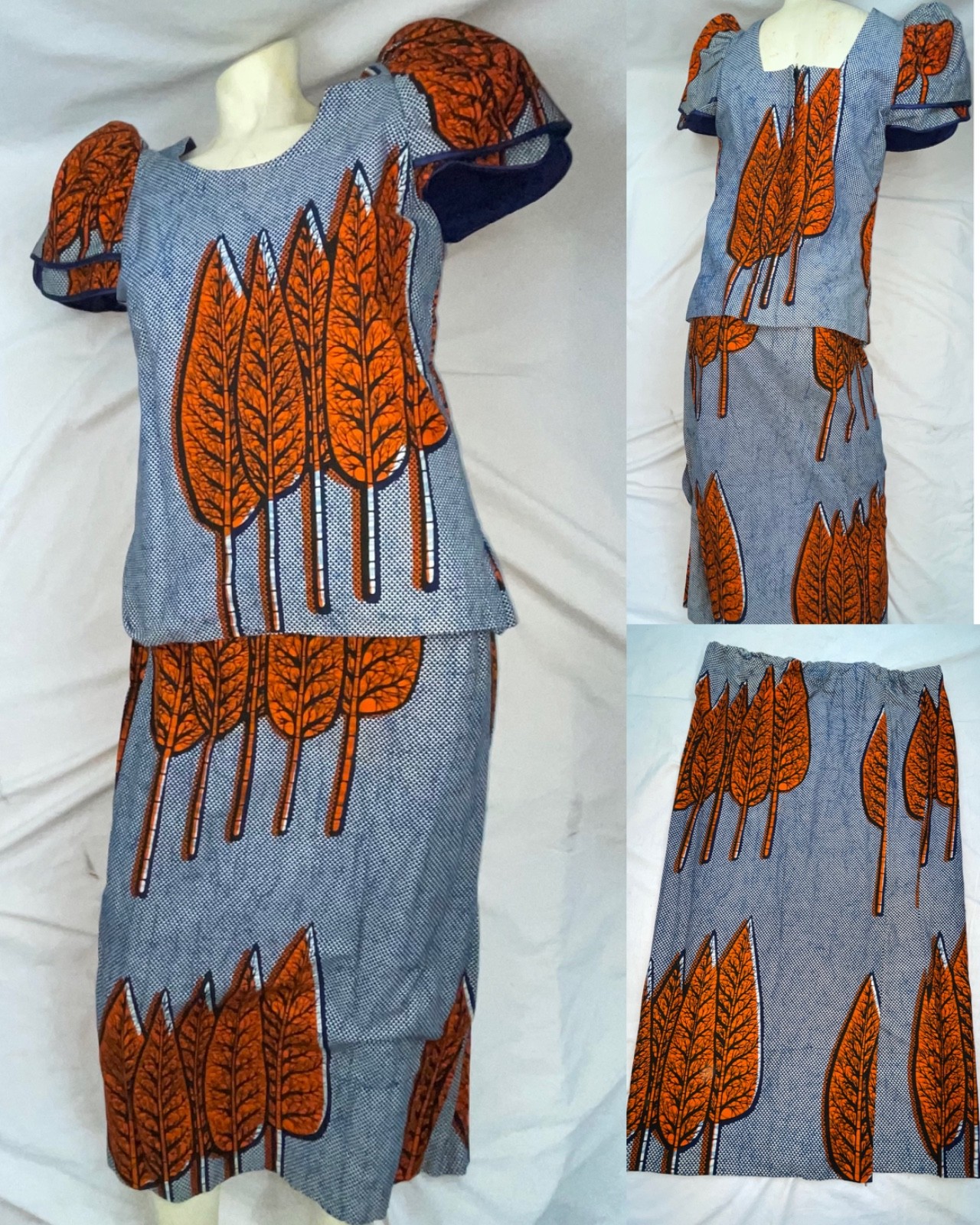 VTG 70S WOMENS ANKARA AFRICAN WAX PRINT LEAF LEAVES CAP SLEEVE SKIRT SHIRT DRESS