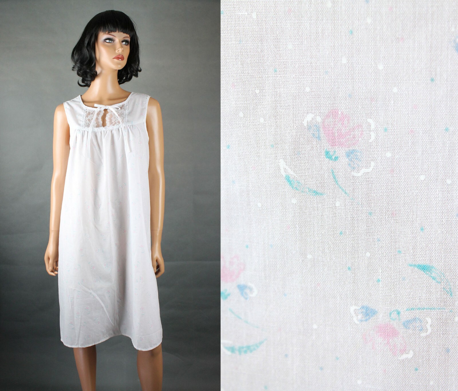 Vintage Shortie Nightgown M White Pink Floral Sleeveless Cotton Blend Shift