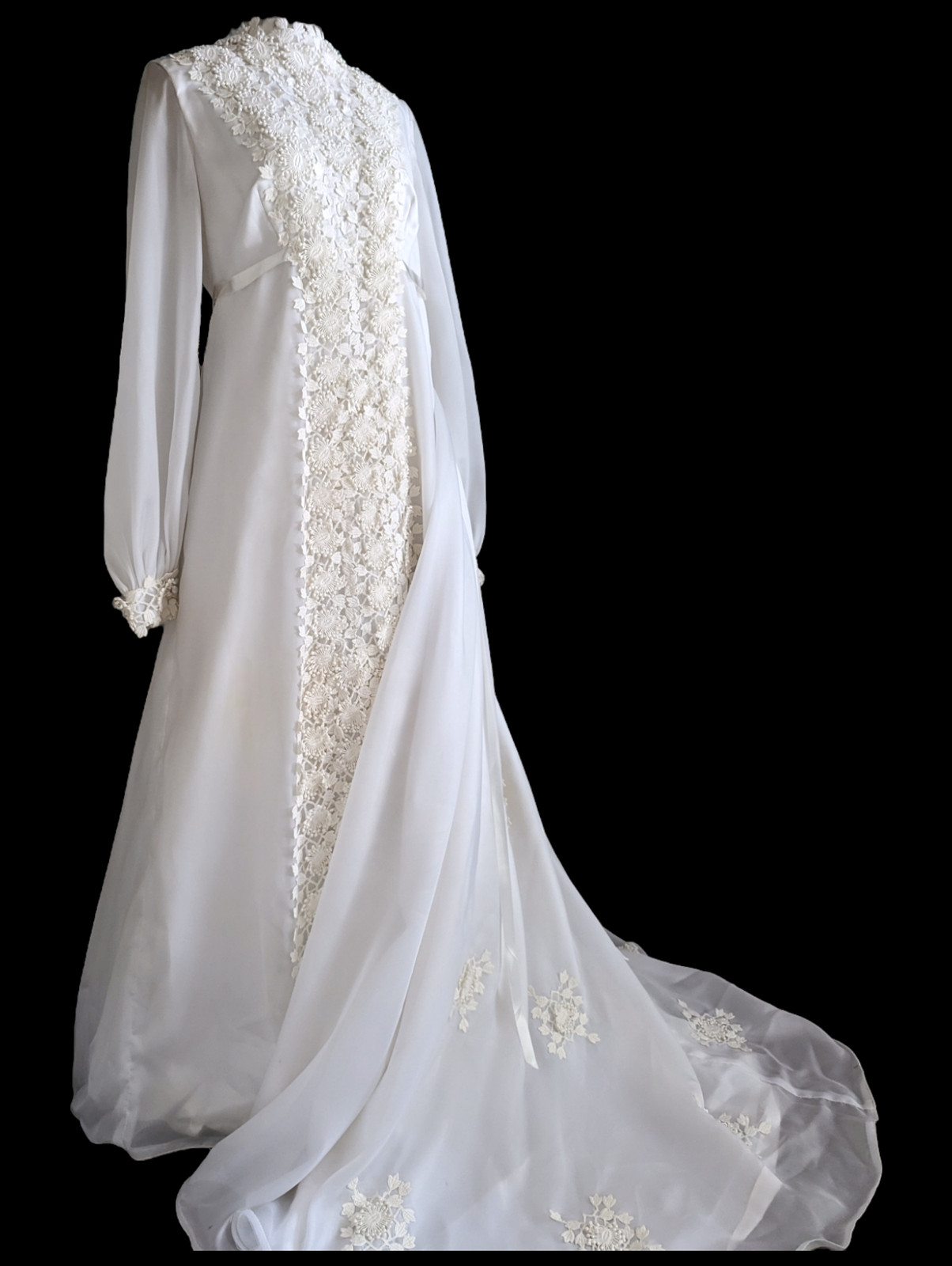 1970s Passion Flower Lace Maternity Column Wedding Dress with Long Sleeves. Trai