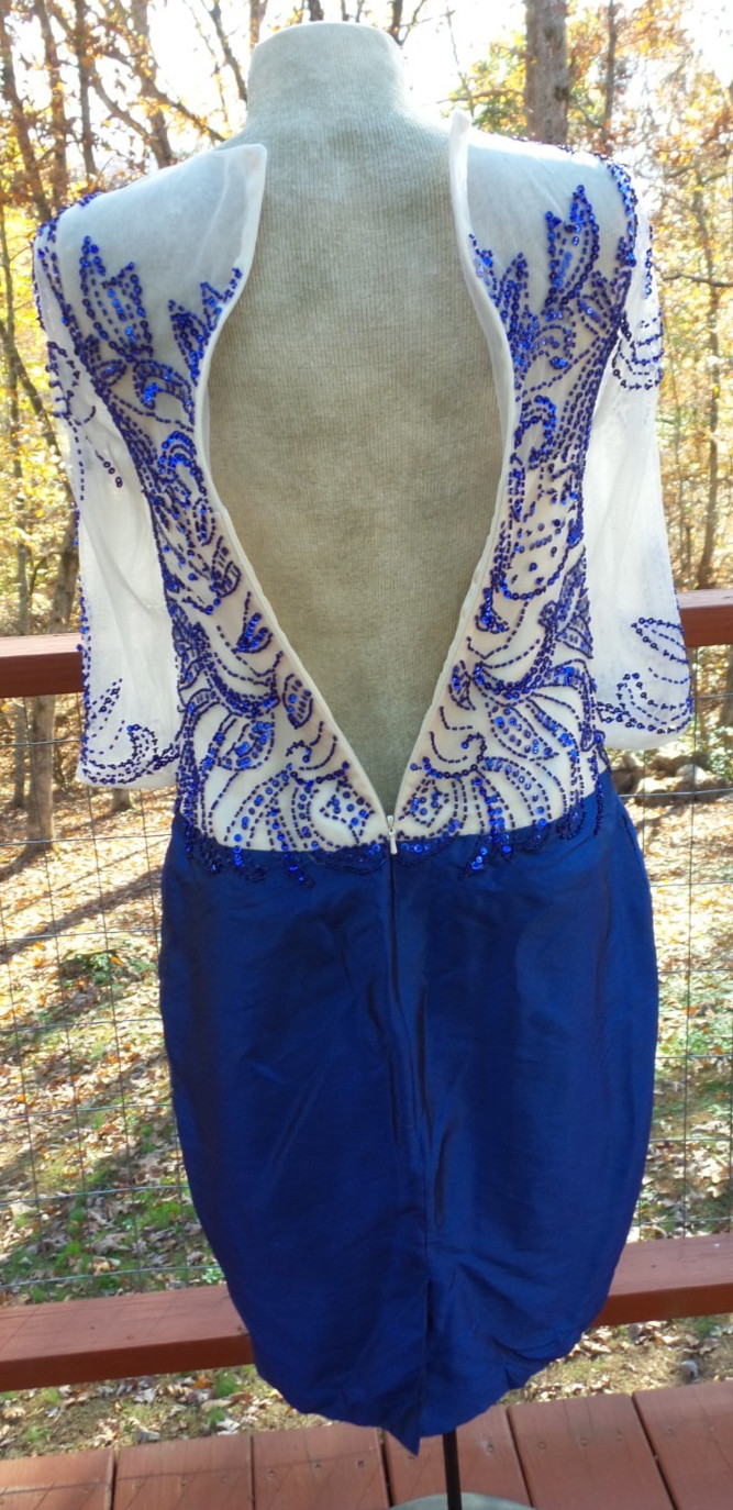 Vintage GARDENIA Blue Sequin Beaded Formal Cocktail Party Dress M/L