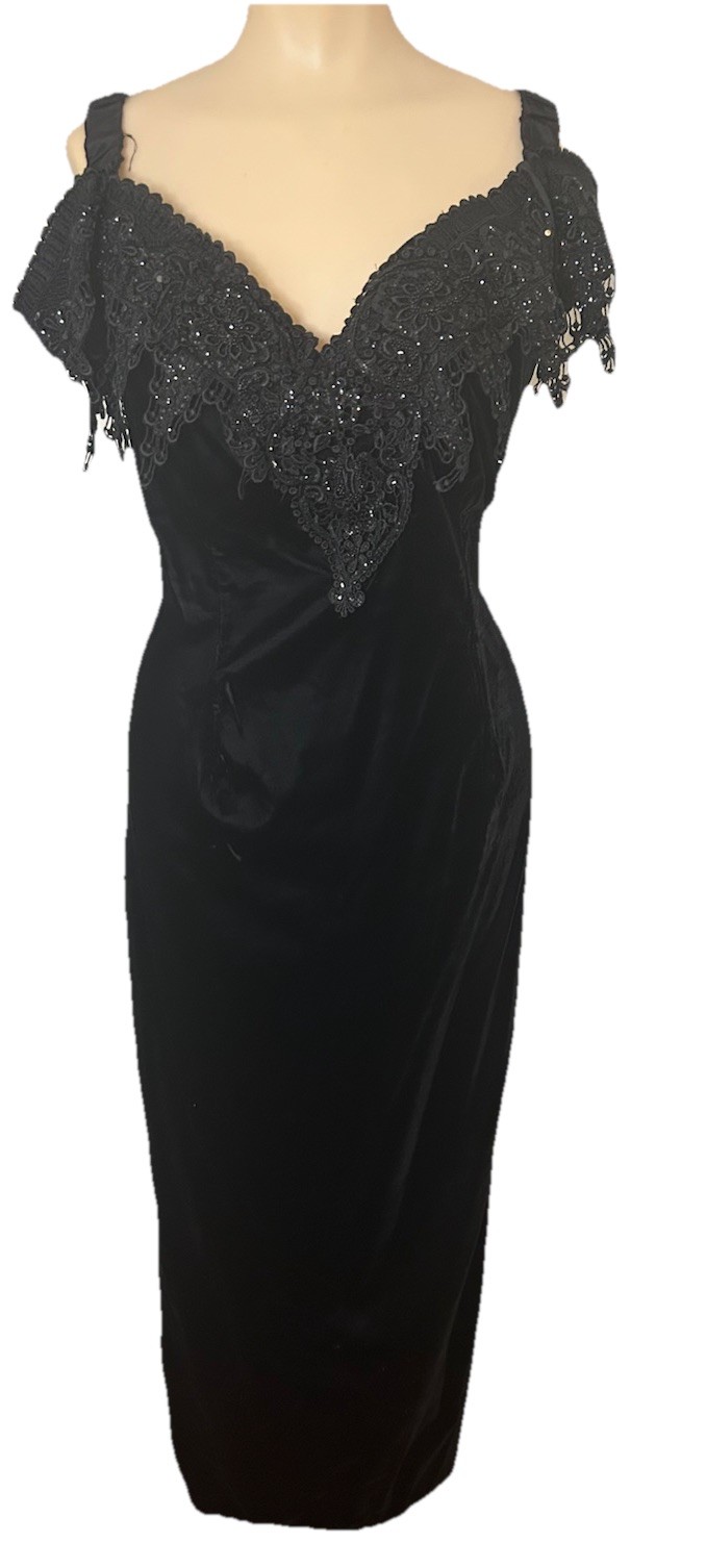 VTG Loralie 80s 90s Evening Gown Dress Beaded Sequin Lace Velvet Goth Black 16