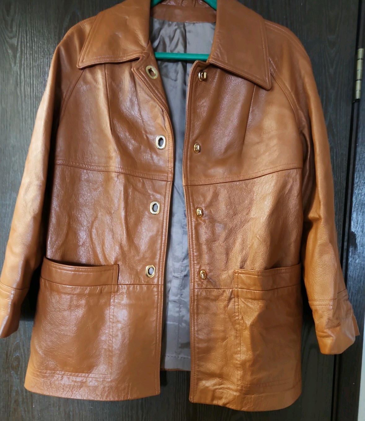 VINTAGE 1970&rsquo;S CONGAC LEATHER JACKET BRASS CLOSURES WOMEN&rsquo;S LARGE MID-LENGTH