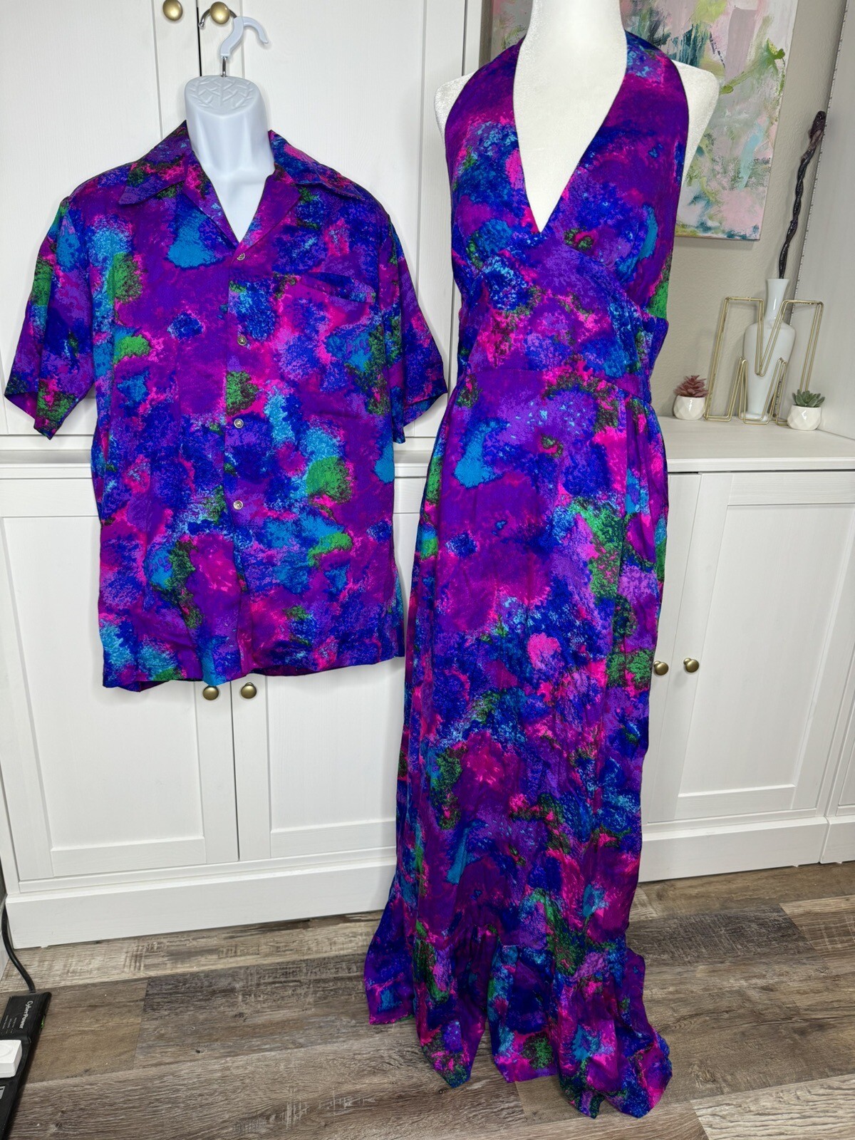 1960s Harriet’s Hawaiian Honeymoon Set Barkcloth 12 Halter Maxi & Lrg Button-Up