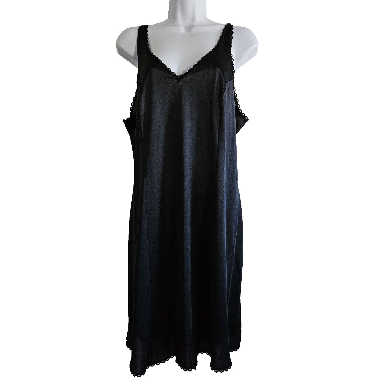 Warners Nightgown Slip Dress Vtg Black USA Lace Trim Scalloped Goth Satin L Bow