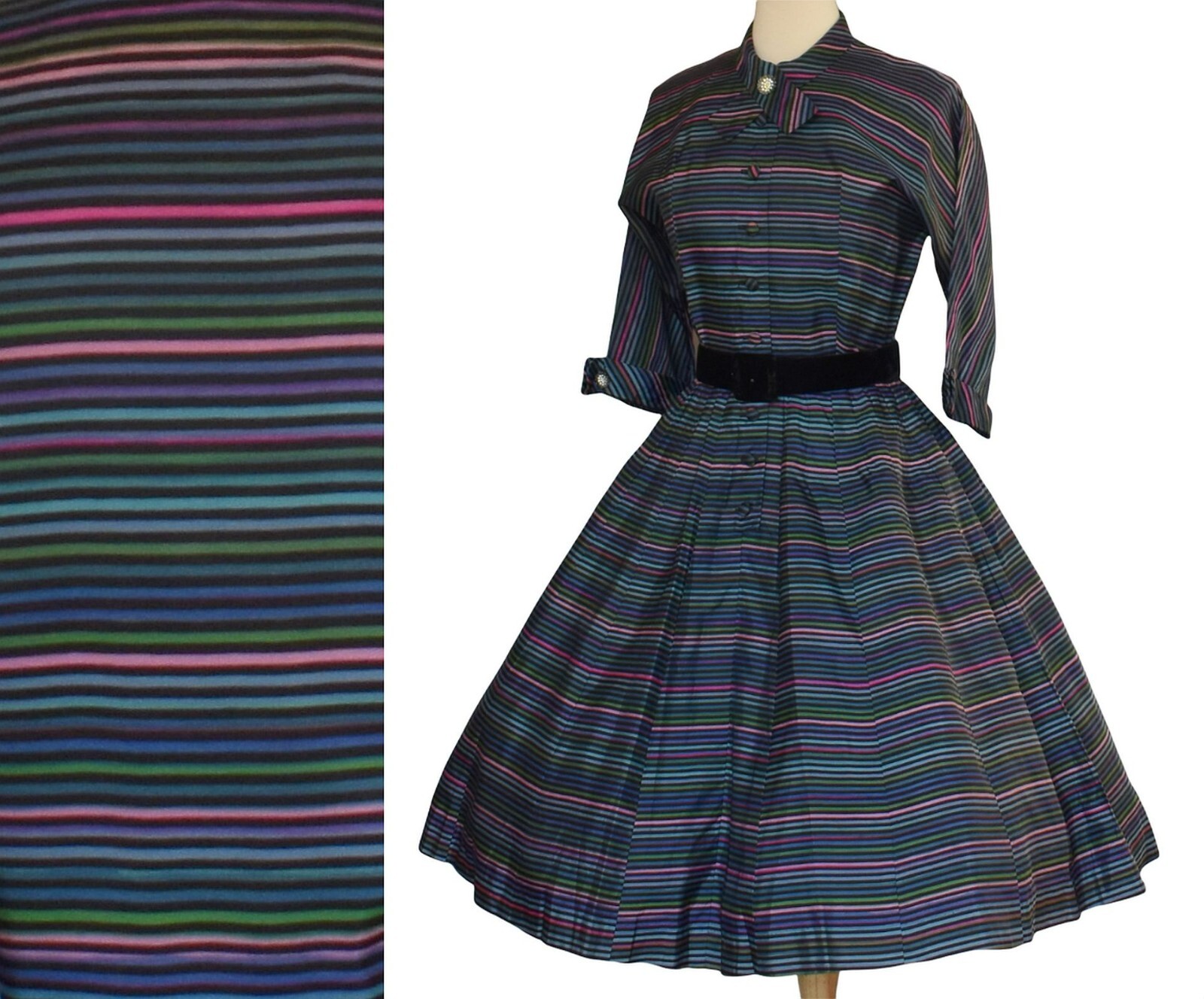 1950s Shirtdress Shirt Dress, Multicolor Ribbon Stripe Silk Taffeta Full Skirt S