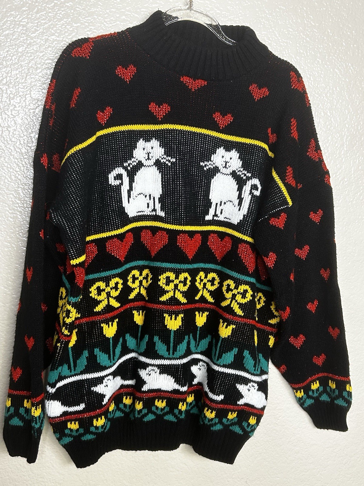 Vintage 80&rsquo;s Adele Knitwear Knit Sweater Cat & Mice USA Med/Lg Oversized Lurex