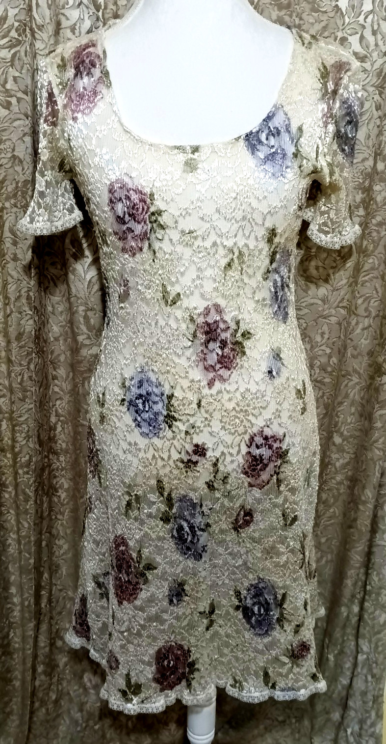 Vintage NAOO National Ak Outfits 90&rsquo;s Floral Ivory Lace Seen Through Dress M