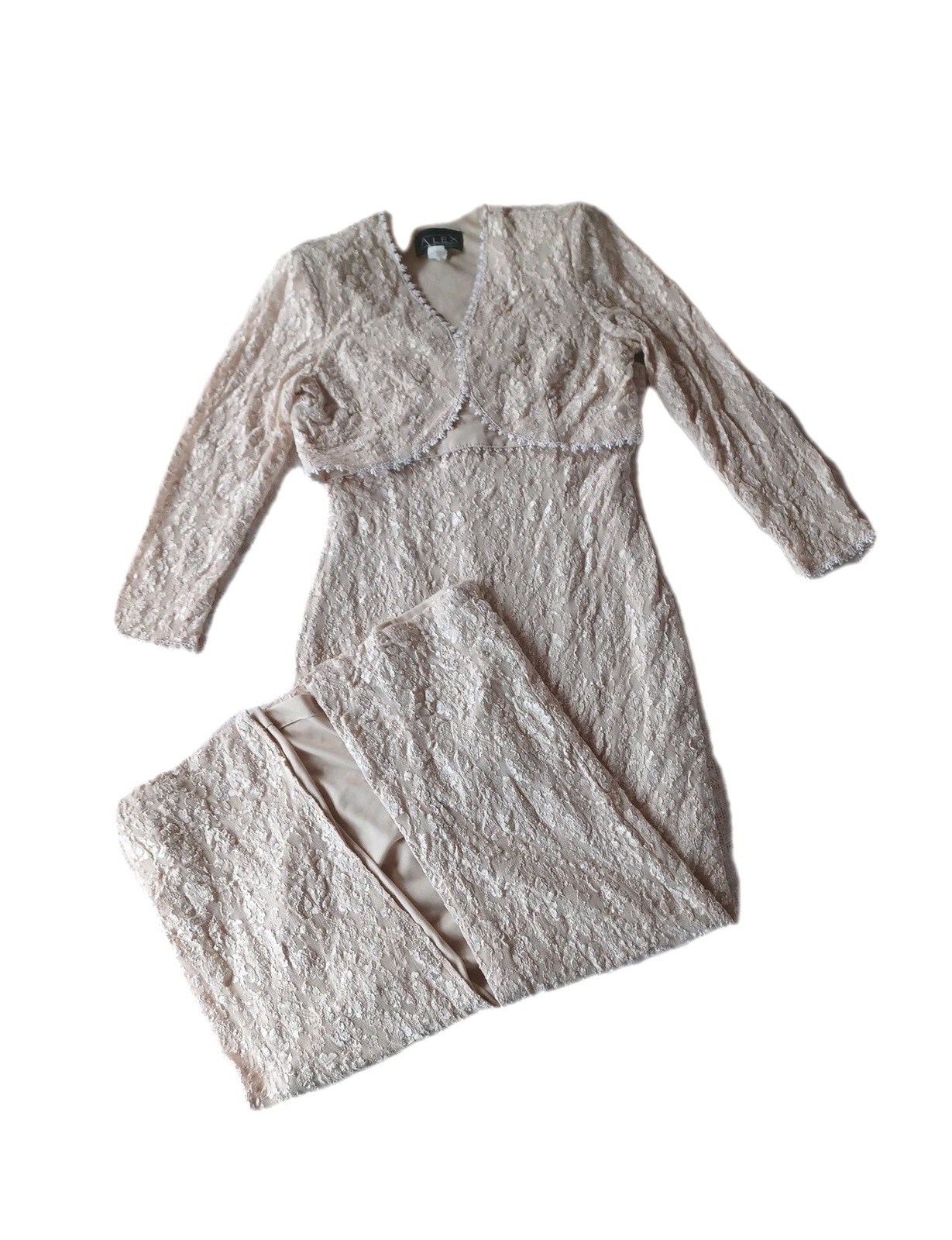 Alex Evenings Vintage RARE Wedding Dress 2-Piece Sz 12 Long 54&Prime; Maxi Beige Cream