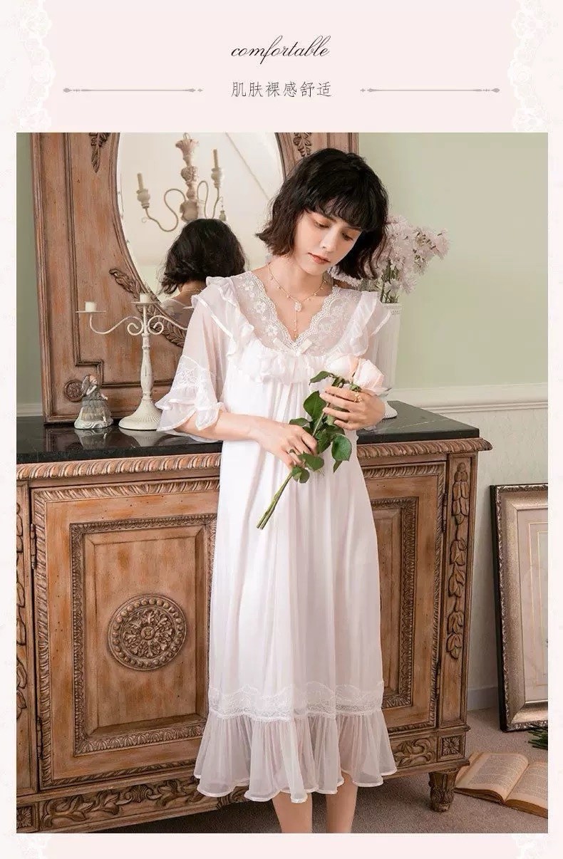E9 Vintage Sheer Ruffle Nightgown Lace Trim Midi Dress Soft Pink Romantic