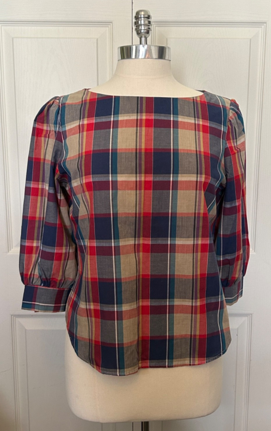 MJ Concepts in Sportswear Juniors Sz 13 Plaid Cotton Blend 3/4 Sleeve Top Vtg