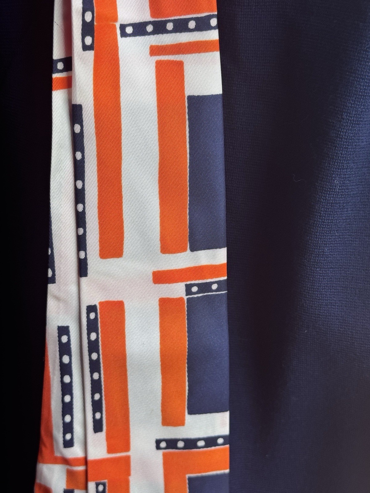 R & K Knits Navy Geometric Knit Long Sleeve Dress Scarf Tie Red White Orange
