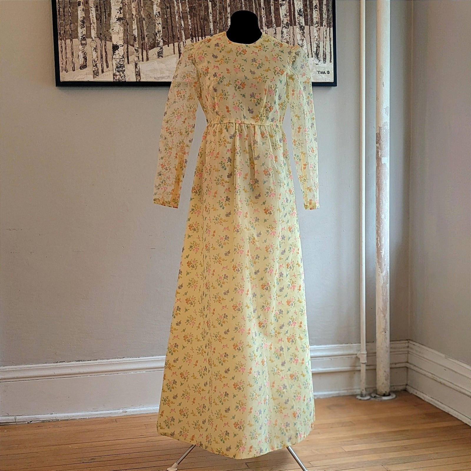 Vintage 70s Yellow Floral Maxi Dress Long Sheer Sleeve Empire Waist Pastel Gown