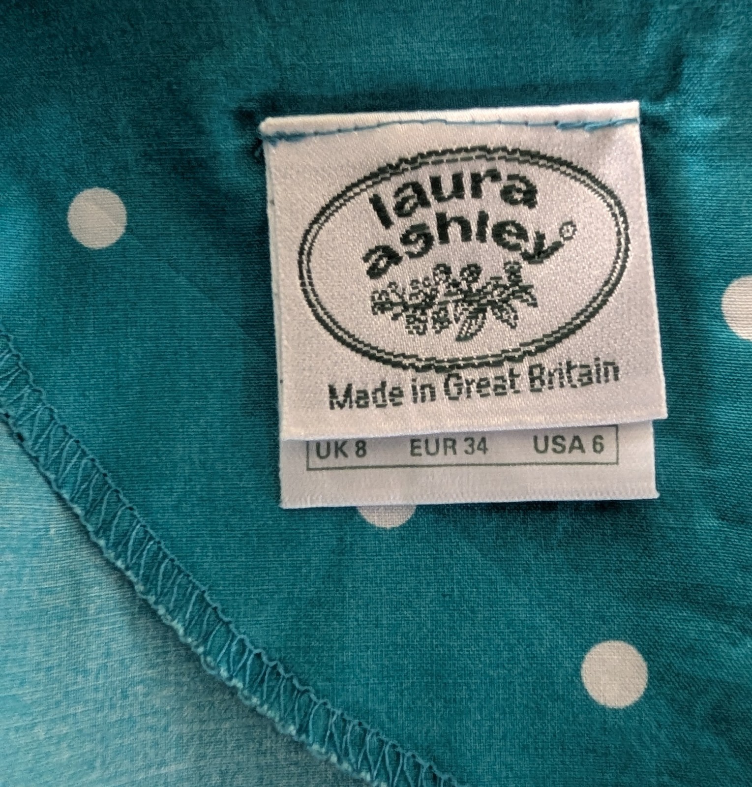 Vintage 80&rsquo;s Laura Ashley Aqua Sailor White Polka Dot Dress Pockets GB US 6 S