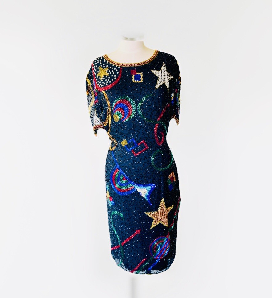 Vintage 80s Silk Heavily Hand Beaded Sequin Celestial Dress by Nadine Boutique