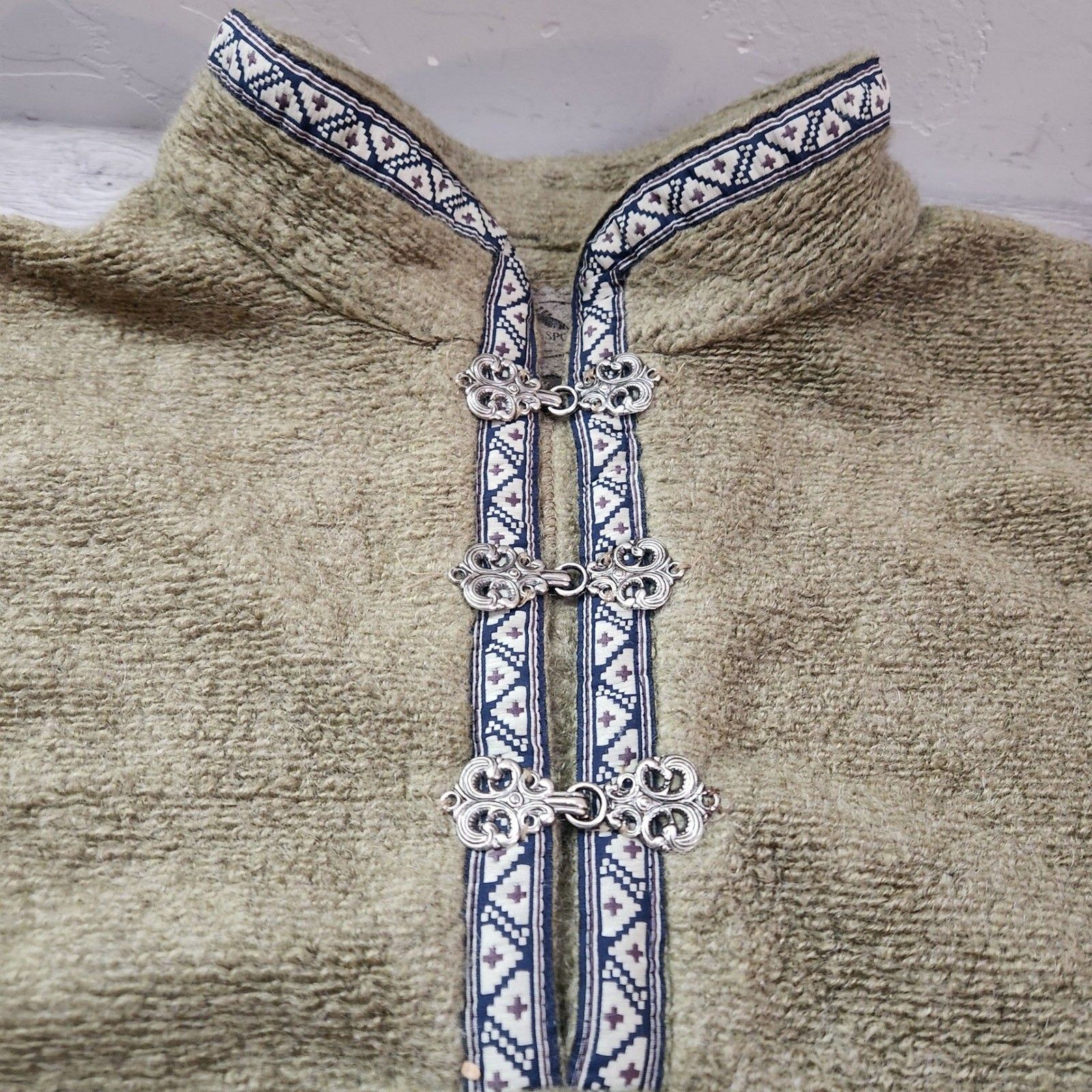 Vintage Green Brown Sierra Sport Pullover Fleece Jacket Size L Mohair Aztec Trim