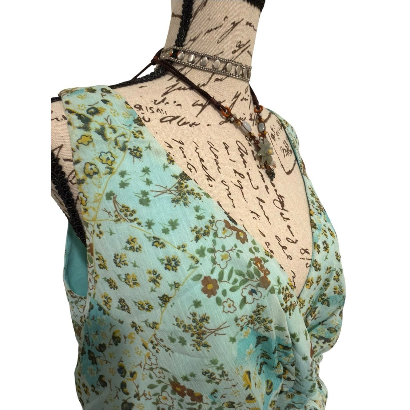 Vtg boho fairy Floral blue green pleated waist Midi Double Ruffle dress