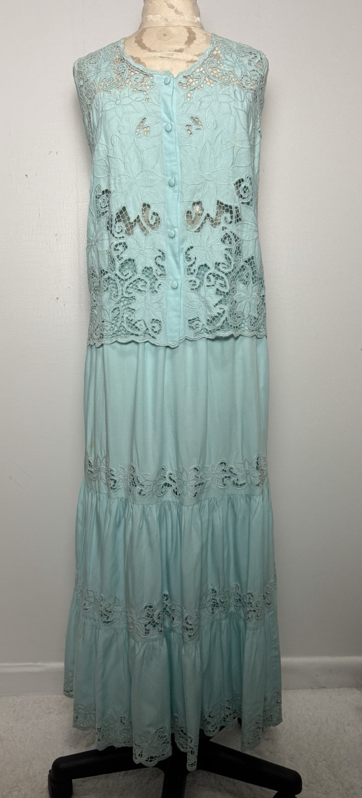 Vintage Aqua Blue Cutwork Lace 2 Pc Dress Set Boho Resort Maxi M