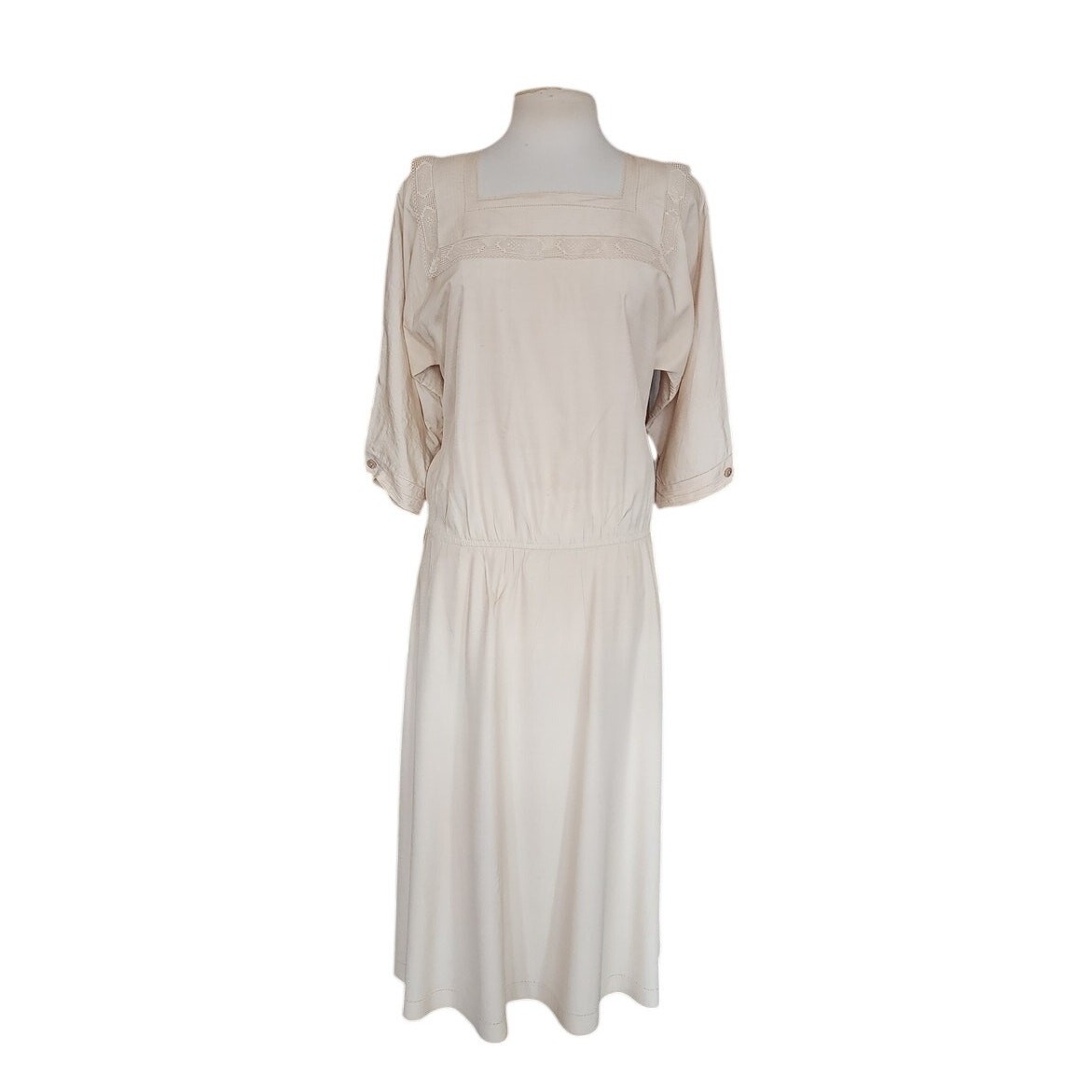 Vintage 80s Cream Silk Dress Lace Trim Edwardian Style Norma Walters