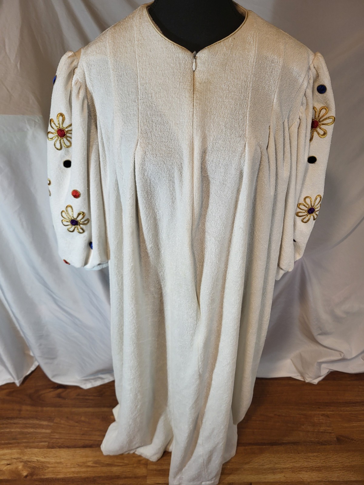 Vintage David Brown Ivory Embroidered Puffed Sleeves Mumu Dress Terrycloth