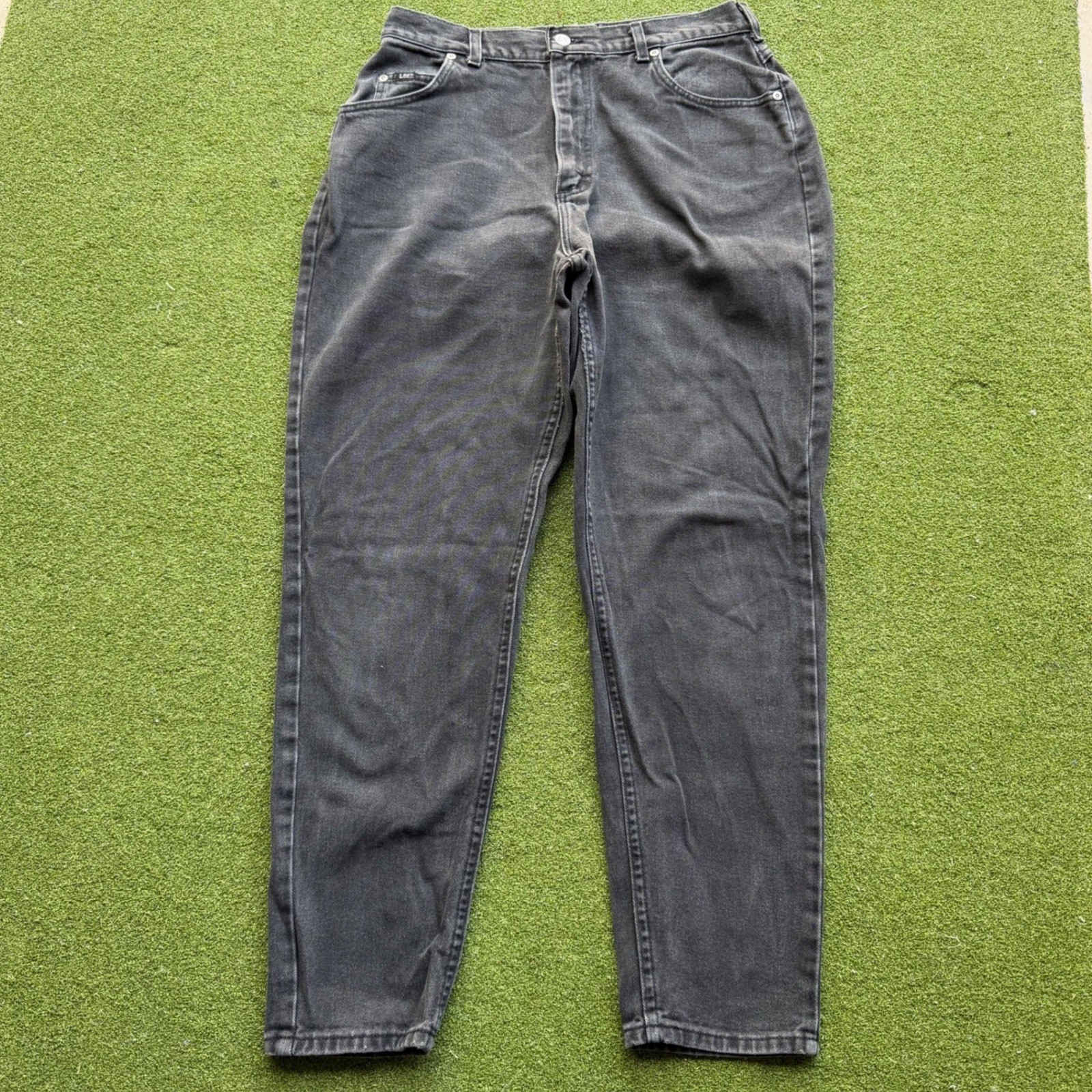Vintage Lee High Waisted Mom Jeans Faded Black Tapered Leg Denim Pants 30×29.5