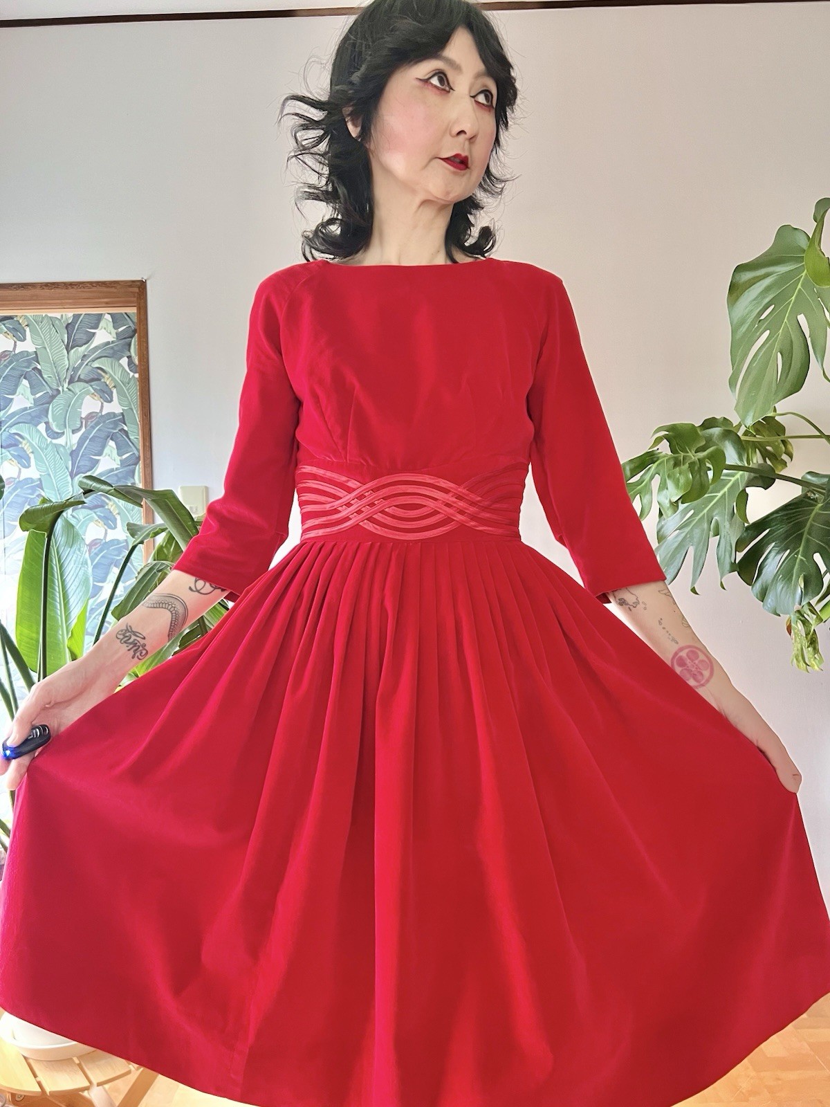VTG 50s Carol Brent Red Velveteen Cocktail Dress XS/S Rockabilly