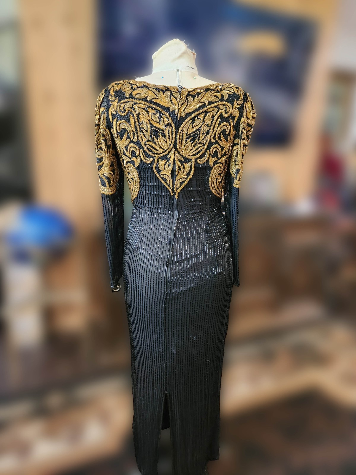 Vintage Carolyne Barton Gown, Black & Gold Hand-Beaded Evening Dress Size M