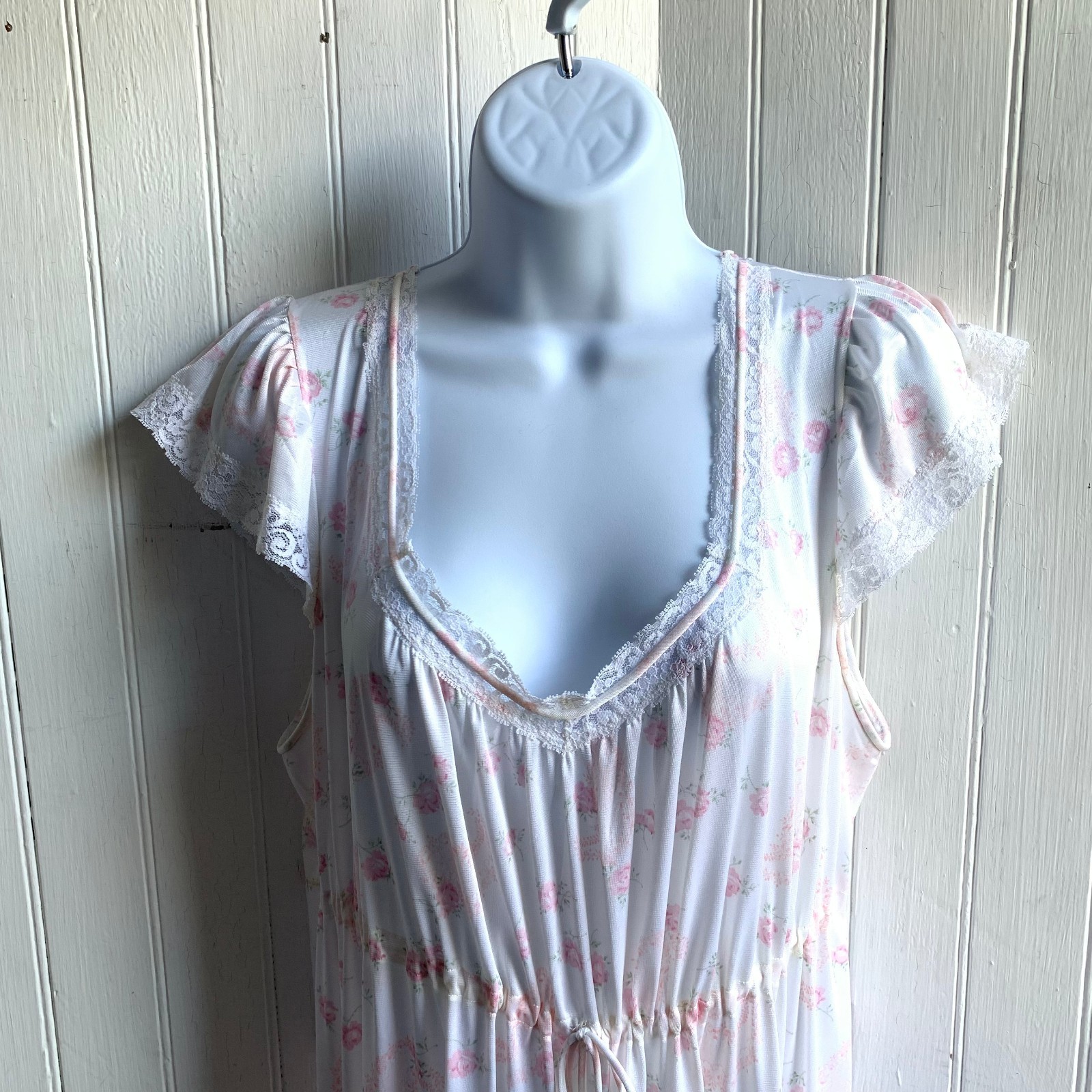 Vintage Lorraine Silky Cottagecore Nightgown Dress White Pink Floral Paisley – L