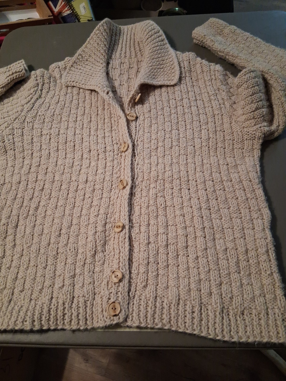 Vintage Handmade Sweater Basket Knit Stich Shawl Collar Cardigan Women&rsquo;s Large