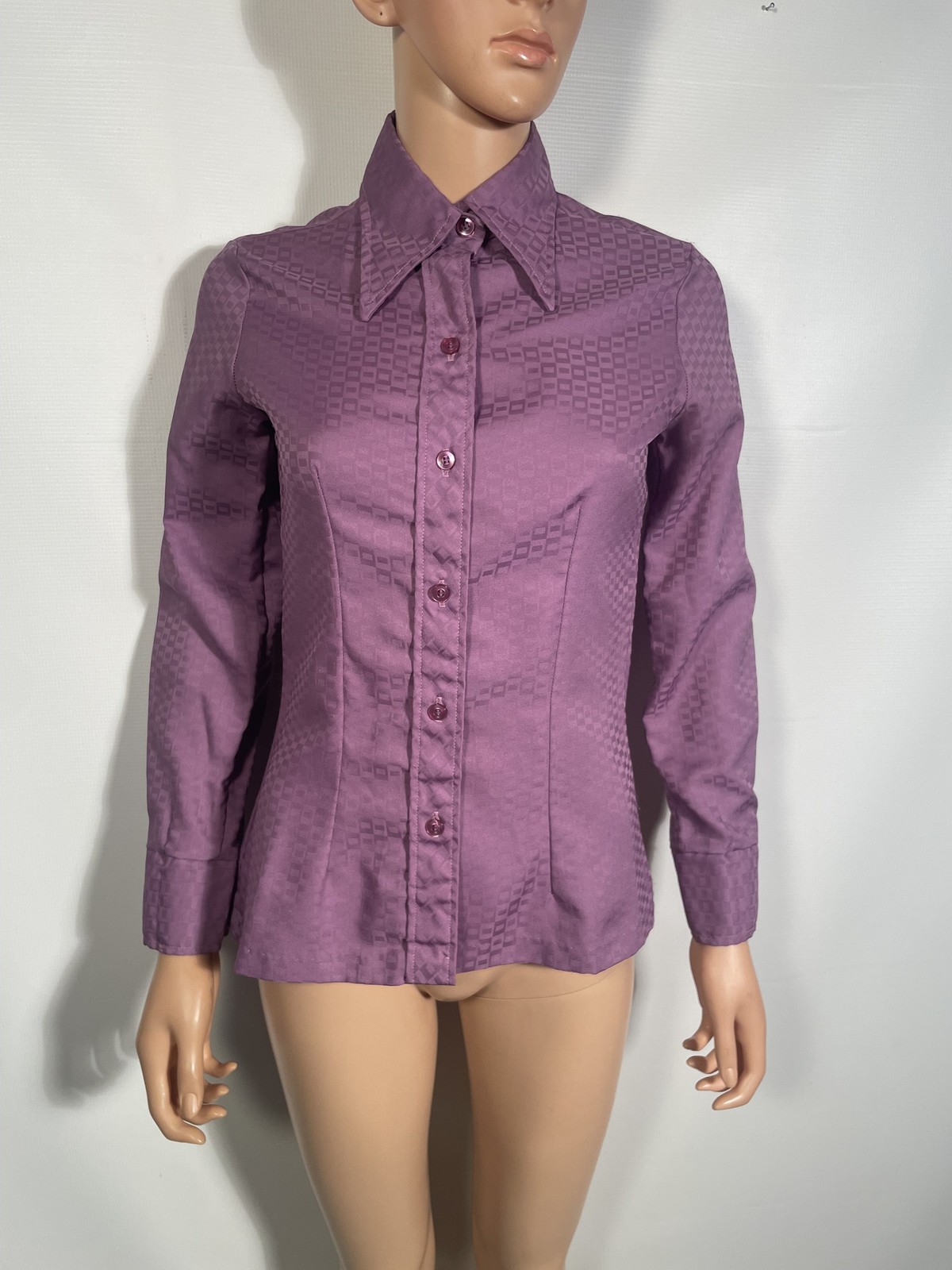 Vitg 70s Dagger Collar Damask Weave Geometric Print Tailored Purple Blouse Sz S