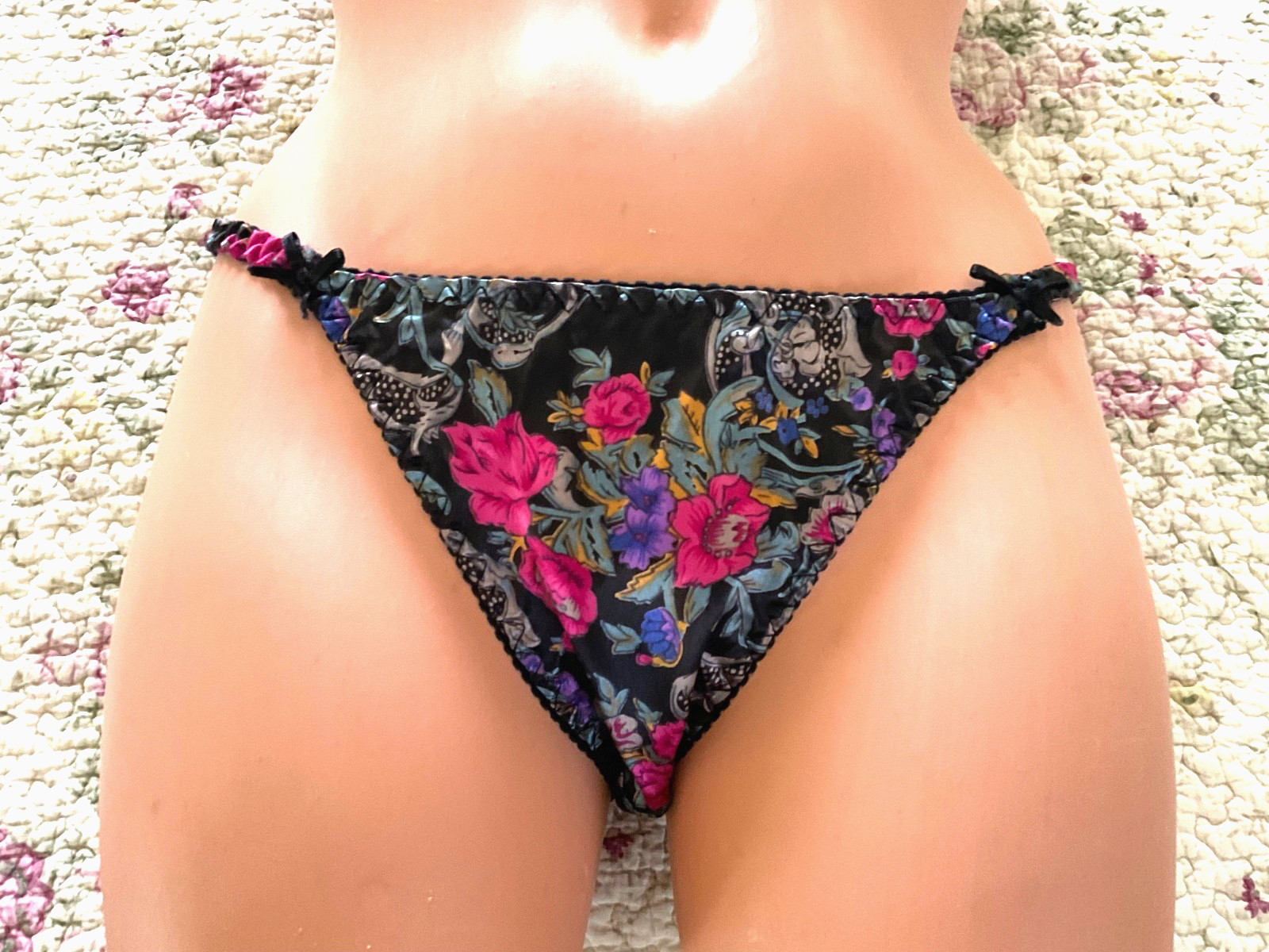 Shiny Vintage PANTIES Rose SATIN String Bikini BRIEF Silky BOW Floral Print S/5