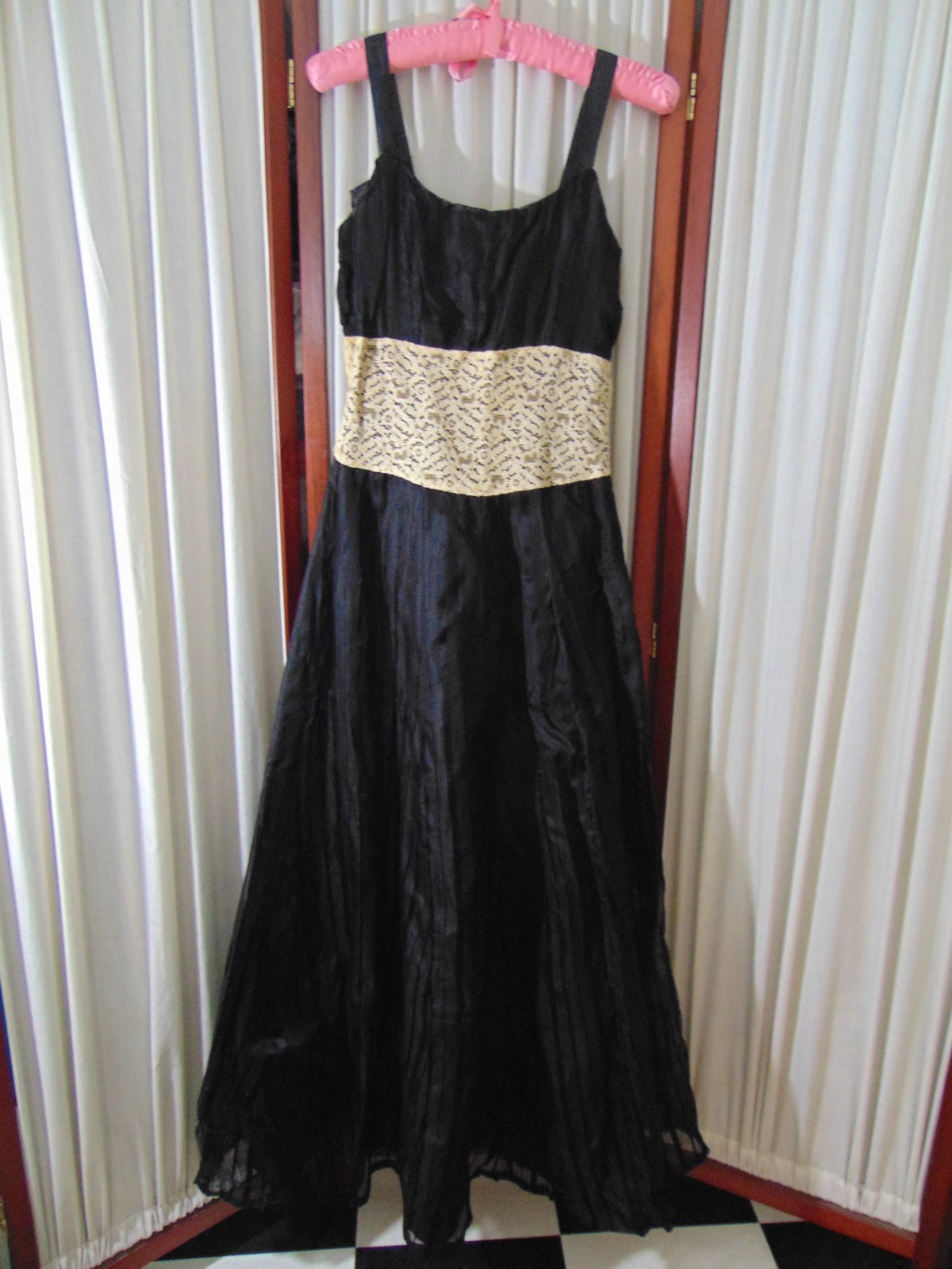 1940s Evening Gown -Black Rayon Voile w/Cream Lace -S- ROMANTIC – SALE