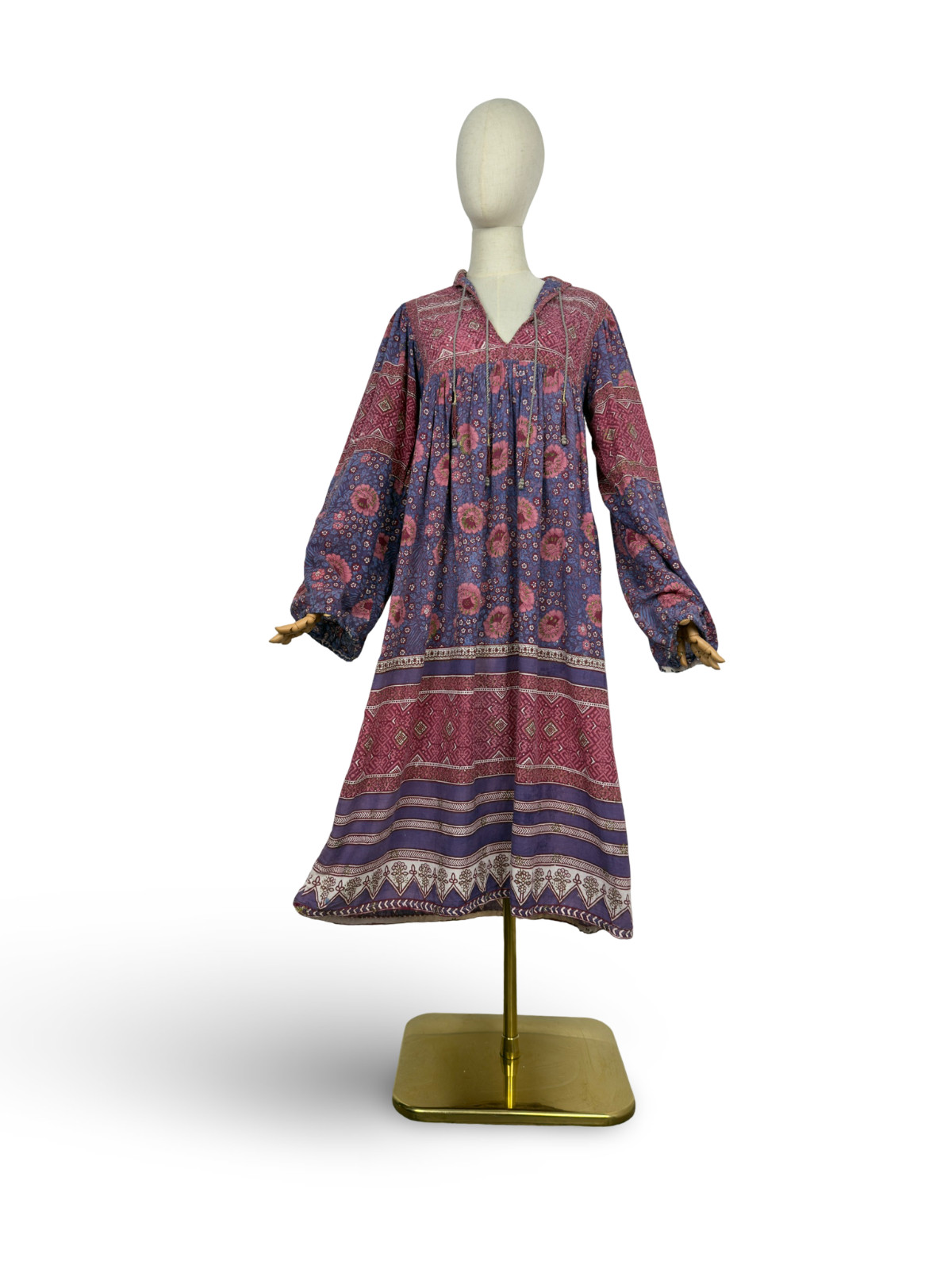 Adini Vintage 70s Indian Cotton Gauze Dress Quilted Yoke Beaded Tassels Boho S
