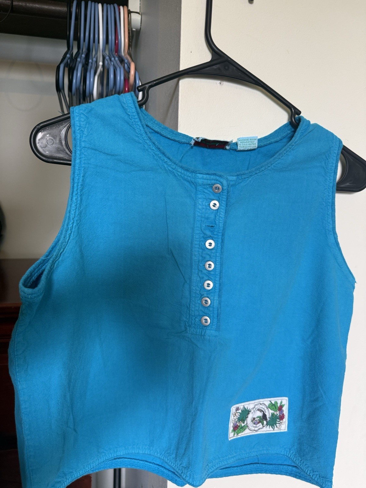 Vintage 90s International Stefano Henley Sleeveless Top Teal Blue Graphic Medium
