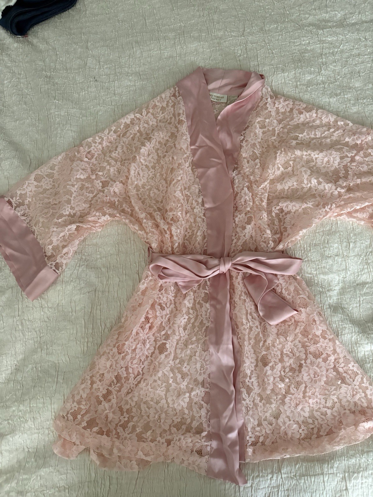Vintage Gold Label Victoria&rsquo;s Secret Pink Lace Robe Satin Trim Tie Belt One Size