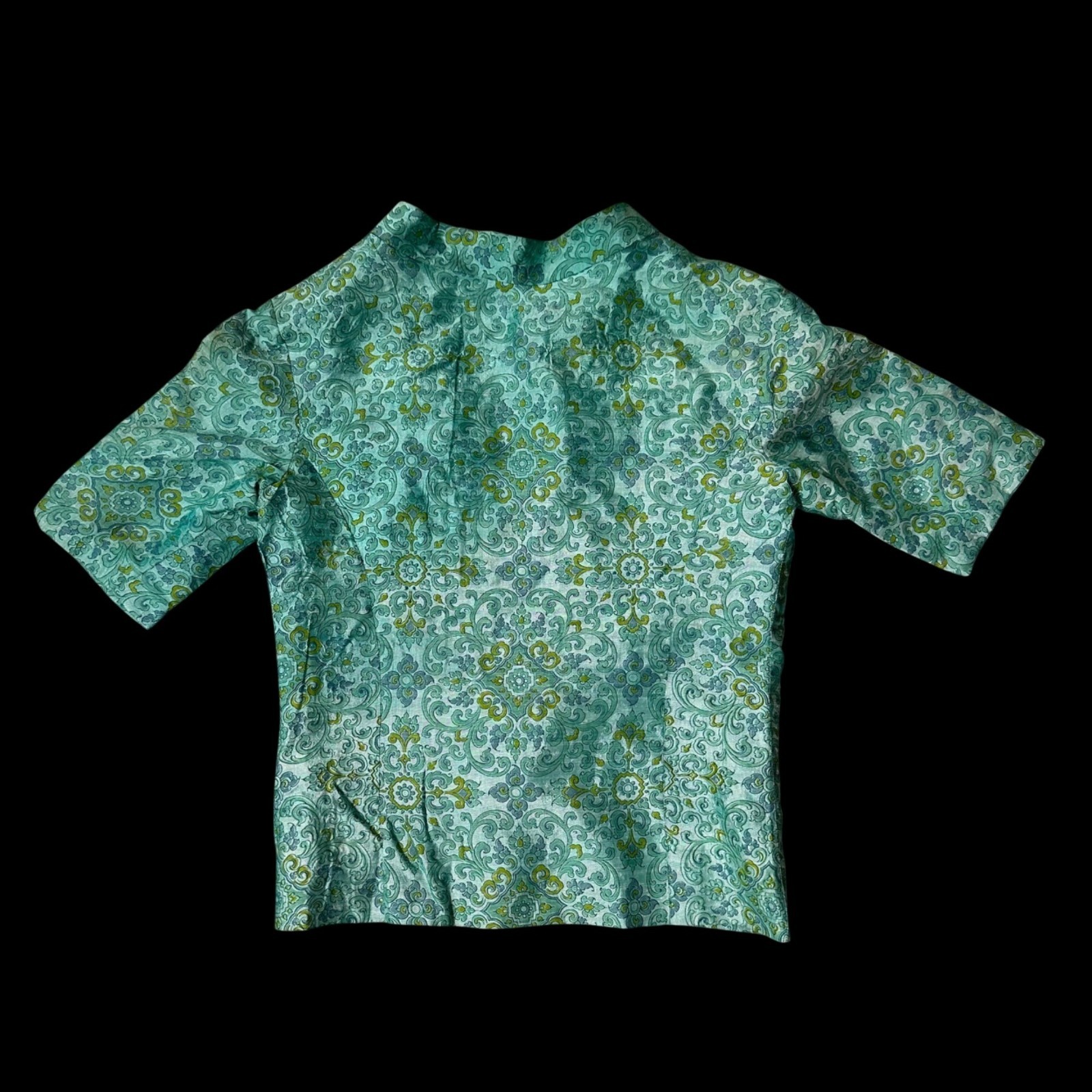 Vintage Open Front Jacket Short Sleeves Teal Green Paisley Handmade 50s Floral