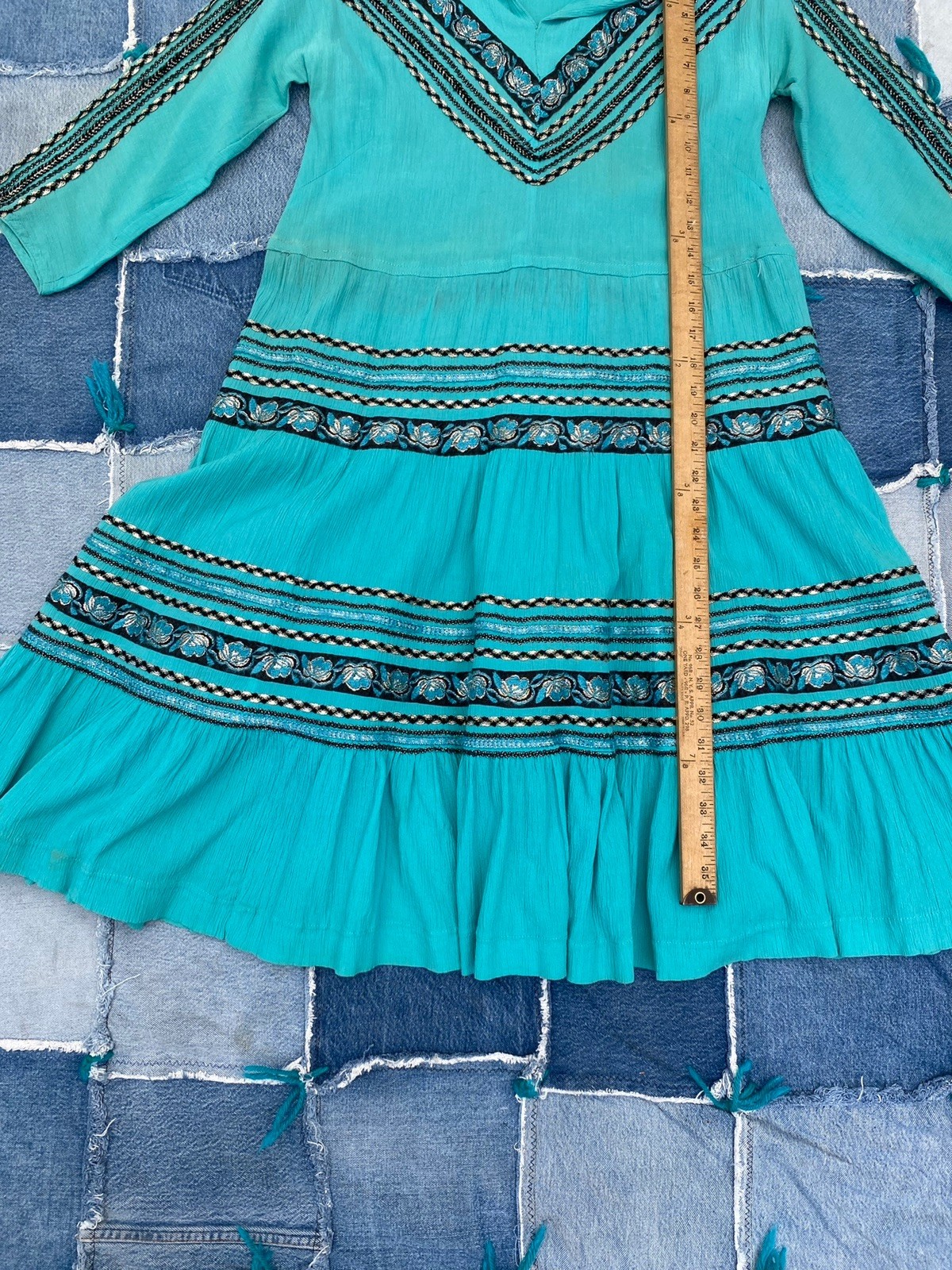 Vintage 1950s Western Patio Fiesta Dress Ric Rac Crinkle Cotton Ranchwear 34/36W