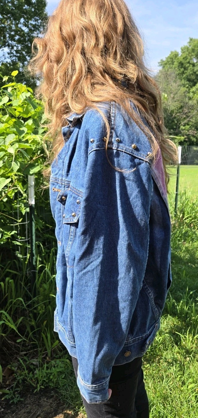 Vtg Denim Trucker Jacket Hand Painted PARTY ANIMAL Rat Studded ANZANI Sz S RARE!